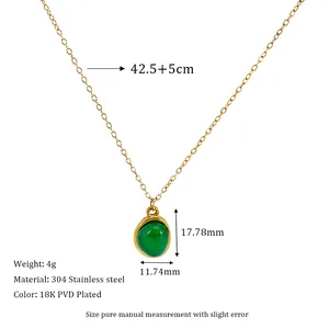 Detail showing 18K gold-plated stainless steel necklace with green stone pendant and size specs