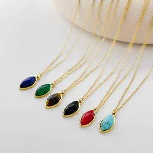 Selection of six marquise cut natural stone necklaces in vibrant colors with gold chains