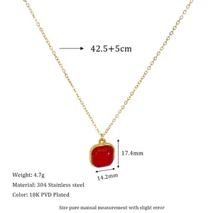 Detailed size specifications of the stainless steel necklace with square red stone pendant