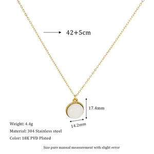 Detail view of round white stone pendant with 18K PVD gold plating and 42+5cm chain size