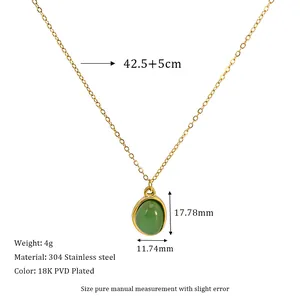 Detailed dimensions of 18K gold plated stainless steel necklace with green stone pendant