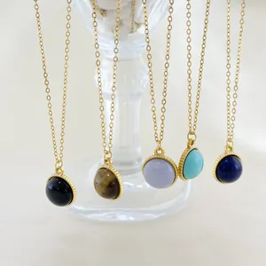 304 Stainless Steel Round Pendant Necklace For Women 18K PVD Plated Minimalist Geometric Natural Stone Cabochon Clavicle Chain Jewelry Gift