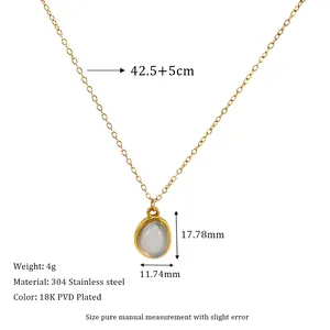 Detailed technical diagram of 18K gold-plated oval gemstone necklace with dimensions