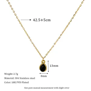 Detailed spec view of a 18K PVD gold plated stainless steel necklace with black teardrop charm