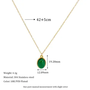 Detail view of oval green stone pendant with 18K PVD gold plated stainless steel chain