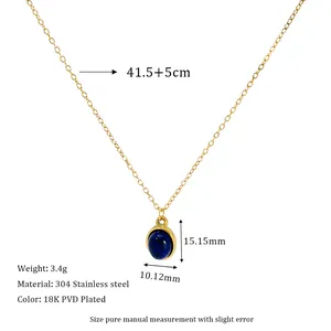 Detailed specs of 18K gold plated stainless steel necklace with blue stone pendant