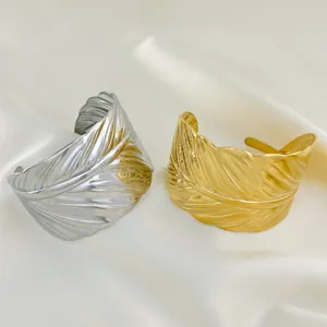 Vintage Exaggerated Feather Cuff Bracelet For Women 304 Stainless Steel 18K PVD Gold Plated Open Bangle Statement Jewelry