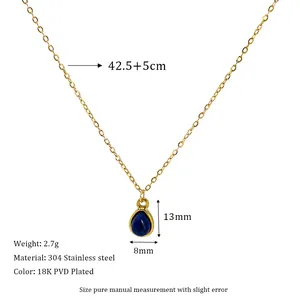 Detail showing dimensions of 18K gold plated necklace with blue teardrop gemstone