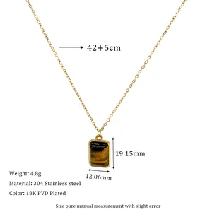 Detailed view of 18K gold plated necklace with dimensions of the tiger eye stone pendant