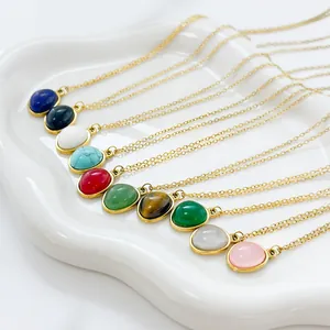 Vintage 304 Stainless Steel 18K Gold Plated Oval Natural Stone Pendant Necklace For Women Minimalist Waterproof Jewelry Gift