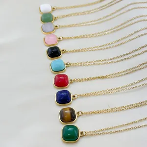 Square natural stone necklace set with 18k gold plated stainless steel chains in 10 colors