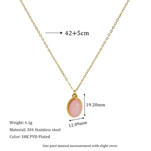 Detail view of pink stone pendant with 18K PVD gold plating and dimension markings