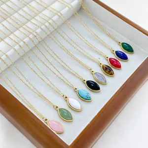 Marquise natural stone pendant necklaces in various colors with golden chain for women