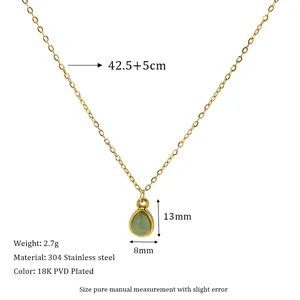 Detail view of gold 18K PVD plated stainless steel necklace with green stone dimensions