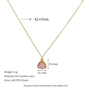 Detail view of pink stone pendant with dimensions and 304 stainless steel material specs