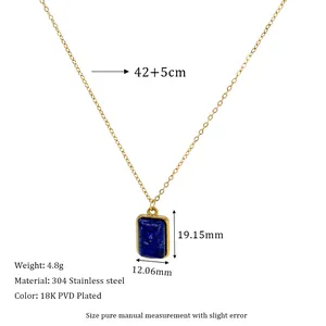 Macro detail of geometric blue stone pendant on 18K gold-plated stainless steel chain