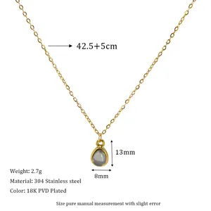 Detail of 18K PVD gold necklace with grey stone pendant showing material and size specs