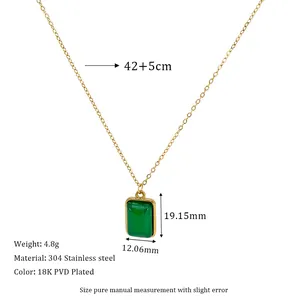 Detail of 18K gold-plated necklace with green gemstone pendant and sizing measurements