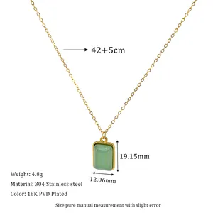Detail view showing 18K gold plated stainless steel chain and green stone pendant specs