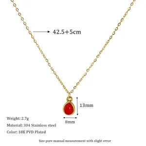 Detail view of water drop red stone necklace in 18K gold plated stainless steel