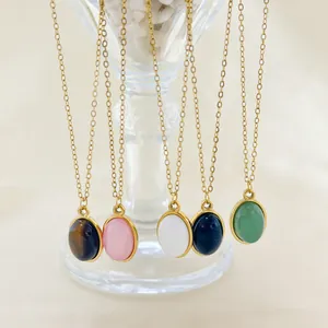 Set of five colorful oval natural stone pendant necklaces with gold plated steel chains