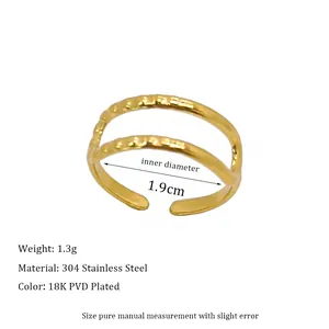 Detail view of 18K PVD gold plated 304 stainless steel ring showing size and 1.3g weight