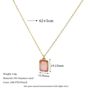Detail of pink stone rectangular pendant on 18K gold-plated stainless steel chain necklace