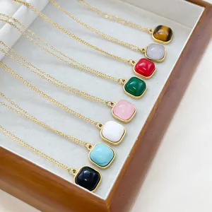 Square natural stone pendant necklace set in 18k gold plated stainless steel