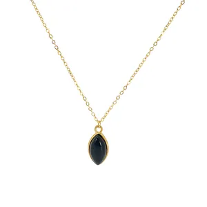 Minimalist gold chain necklace with a black marquise natural stone pendant for women