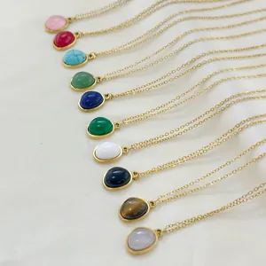 Detailed collection of 11 colorful oval gemstone necklaces with 18K gold plated chains