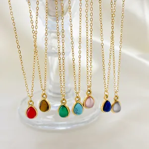 French Ins Style 18K PVD Gold Plated Stainless Steel Natural Stone Teardrop Pendant Necklace For Women Minimalist Jewelry