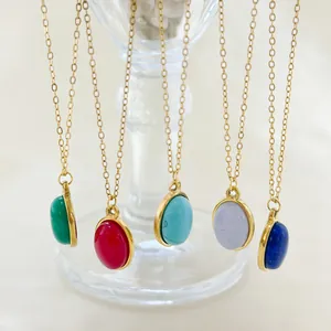 Natural stone oval pendant necklaces in various colors with elegant gold chain and plating