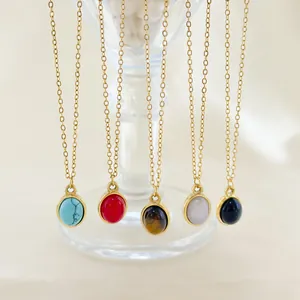 Retro 18K PVD Gold Plated 304 Stainless Steel Oval Natural Stone Pendant Necklace For Women Waterproof Daily Fashion Jewelry