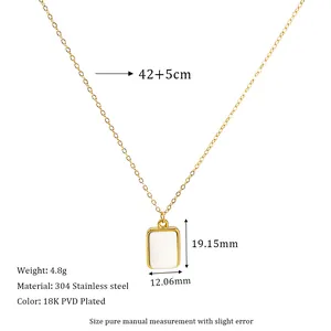 Detail view of gold square necklace with dimensions and 18K PVD plated steel markings