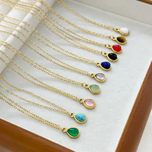 French style gold titanium steel necklaces with colorful teardrop natural stone pendants
