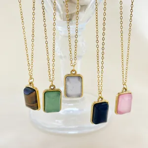 French Minimalist 304 Stainless Steel 18K PVD Gold Plated Geometric Square Pendant Necklace Natural Stone Jewelry For Women
