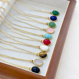 Vintage 18K gold-plated stainless steel necklaces with 10 colors of oval lapis lazuli pendants
