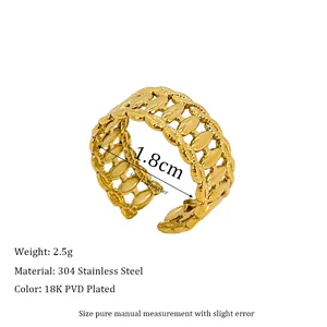 Detailed view of 18K gold plated stainless steel ring with woven chain texture