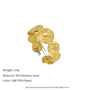 Detail of 18K PVD gold plated stainless steel sunburst pattern open ring with dimensions
