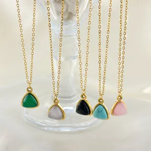 Set of five colorful geometric triangle natural stone pendant necklaces with gold chains