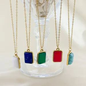 French minimalist 18K gold plated geometric square stone pendant necklace set