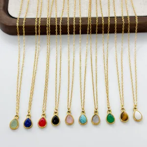 French style gold plated titanium steel necklaces with 11 colors of teardrop gemstones