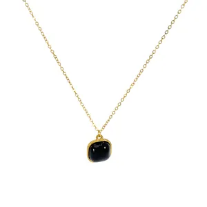 Minimalist 18k gold plated stainless steel necklace with square black stone pendant