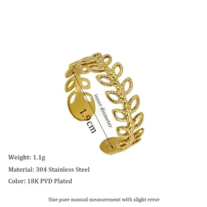 Detail of 18K gold-plated stainless steel olive leaf ring with size and weight info
