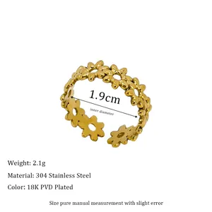 Macro shot of 18K gold plated stainless steel hollow flower ring with size specifications