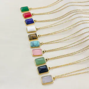 French minimalist 18K gold plated necklace with ten colors of geometric stone pendants