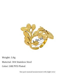 Detail of 18K gold plated 304 stainless steel leaf ring with engraved vein textures