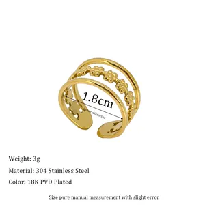 Detailed view of 18K gold plated stainless steel hollow flower ring with specifications