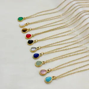 Set of waterdrop natural stone necklaces in eleven vibrant colors with gold plated chains