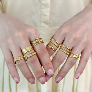 18K Gold Plated 304 Stainless Steel Open Rings For Women Vintage Bohemian Leaf Heart Sun Pattern Adjustable Fashion Jewelry Finger Rings